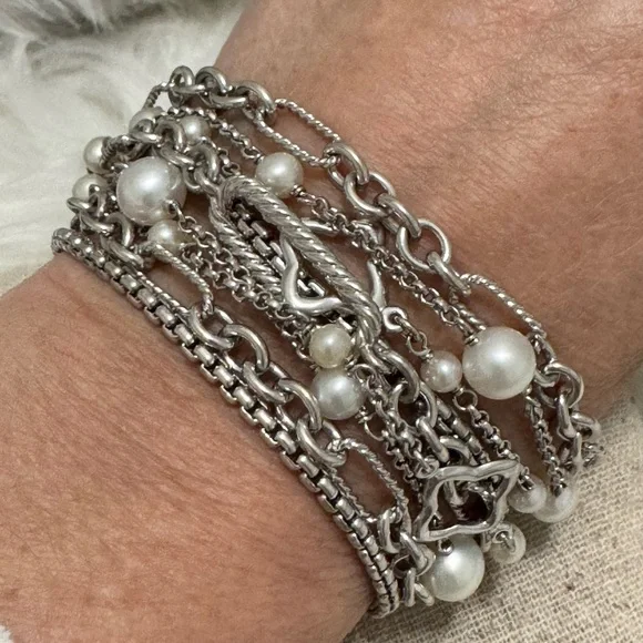 David Yurman Multi Strand Pearl Chain Toggle Bracelet .925